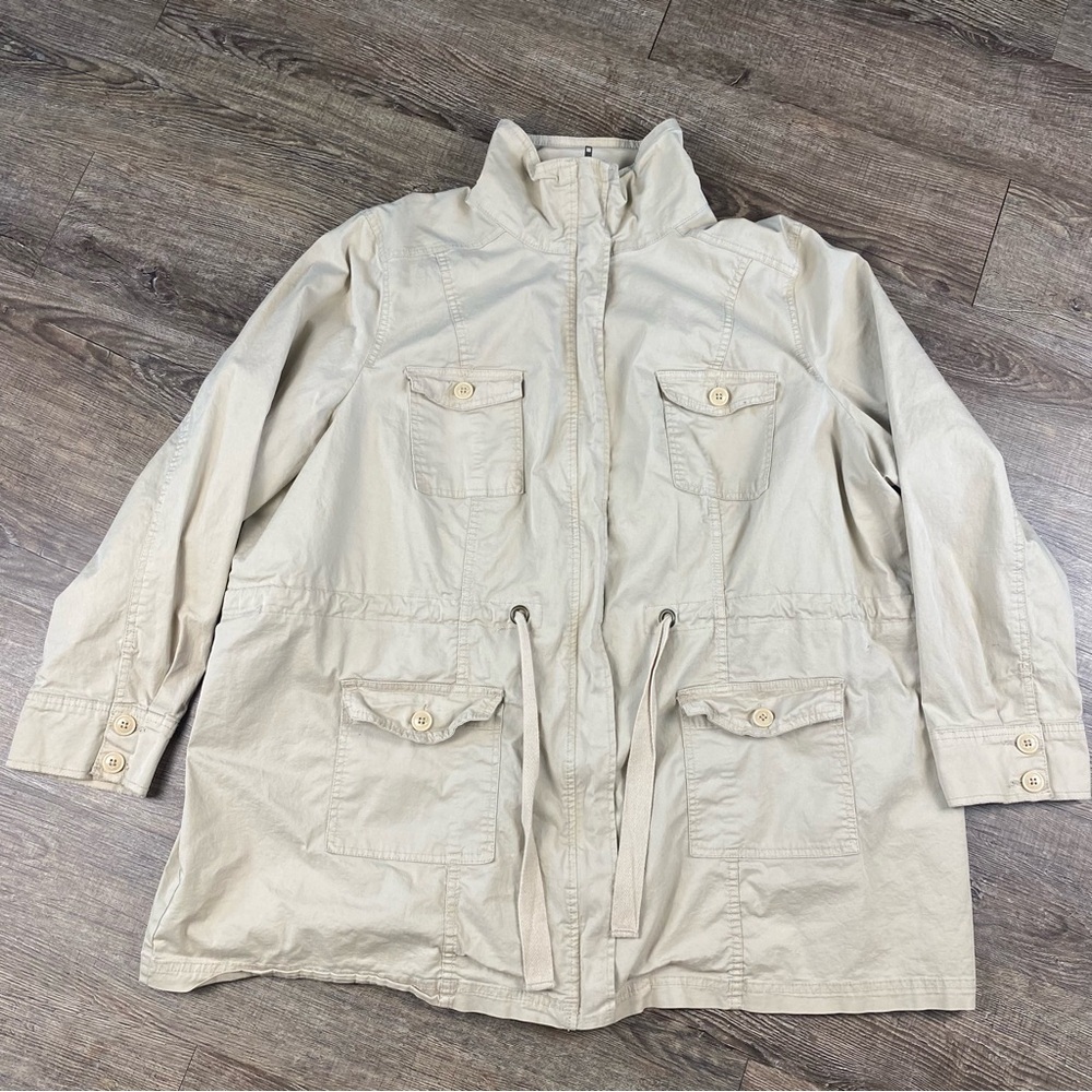 Avenue Jacket Women 26 Beige Full Zip Mock Neck Drawstring Waist Pockets Button